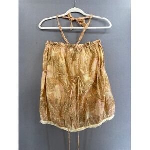 Fei women's Small Silk Boho Paisley Floral Halter Bubble Top Tan Pink Tan